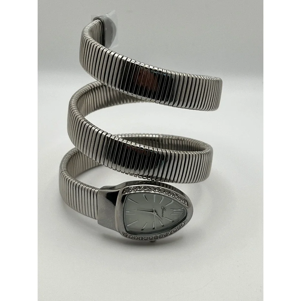 Silver‎ Tone Snake Coil Wrap Around Genoa Watch Rhinestone Bezel Elegant